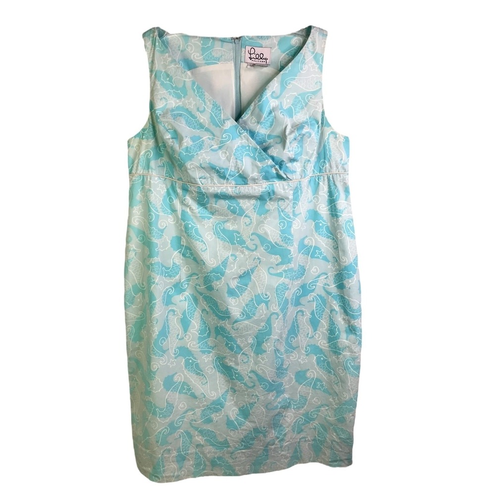Lilly Pulitzer Dress Womens L Blue Seahorse Starfish Print Shift V-Neck Cotton - Picture 4 of 7